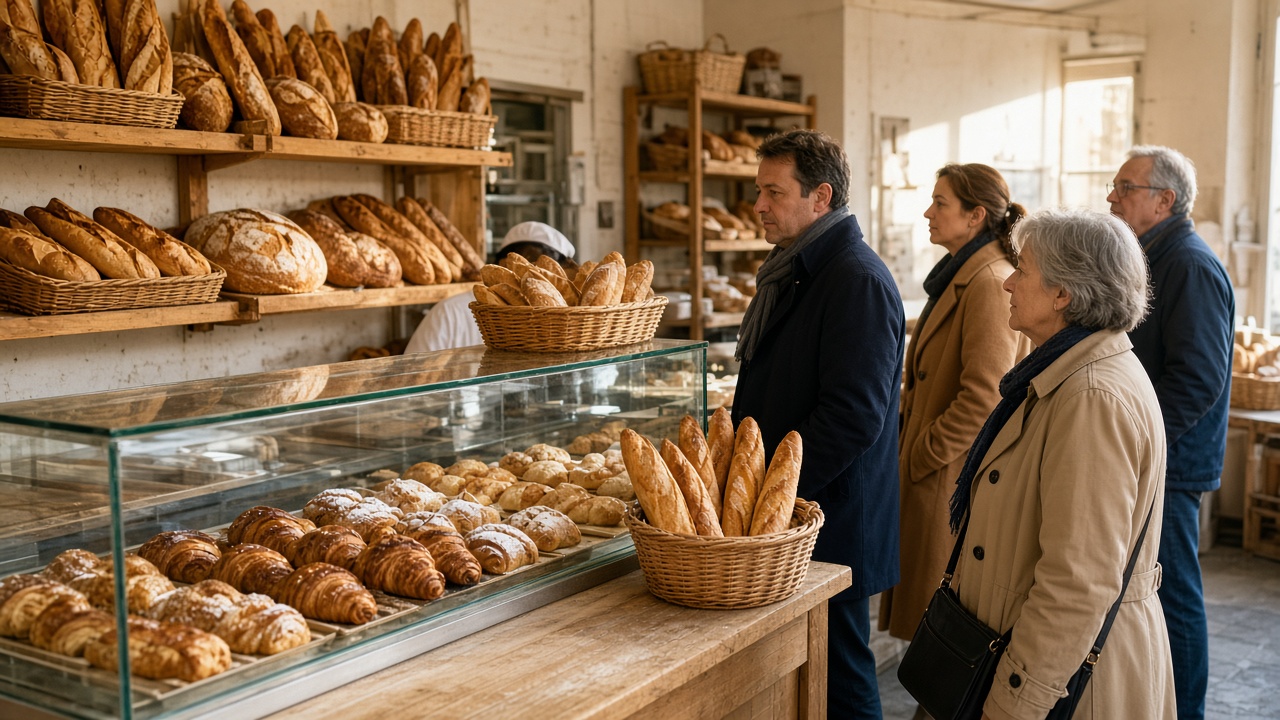 Comptoir de boulangerie, vitrine de viennoiseries et file d'attente