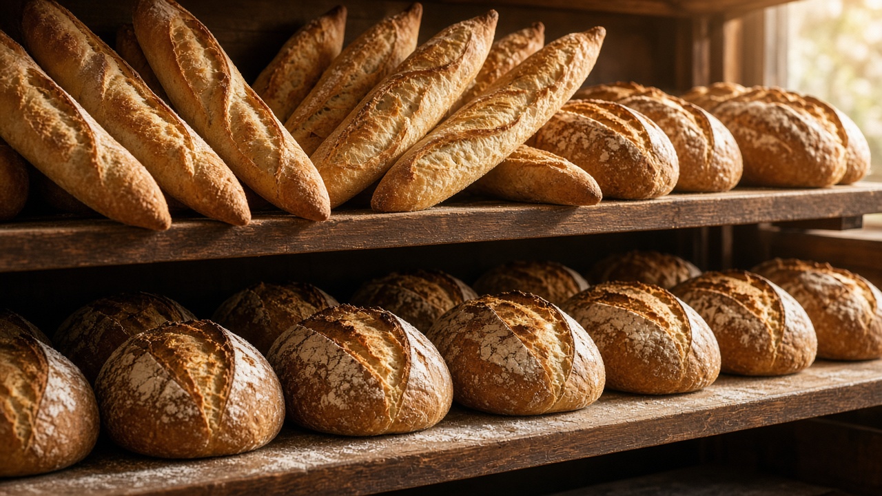 Étagère de baguettes et de boules tout juste sorties du four